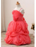 Adjustable Straps Beaded Coral Organza Satin Flower Girl Dress